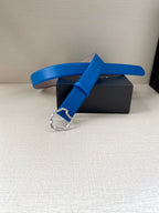Versace belt in bright blue leather, buckle end shown with metal buckle detail