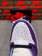 High-top sneaker toe box, white perforated leather with purple overlays and black strap
