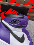 High-top sneakers heel with purple panel, white stripe, and Air Jordan logo