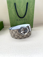 Gucci belt standing, beige-brown GG canvas with white edge and round interlocking G buckle