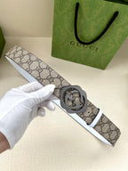 Gucci belt, GG monogram canvas strap, dark metal interlocking buckle