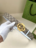 Gucci belt with GG monogram canvas strap, gold-tone Interlocking G buckle, white keeper
