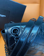 YSL Saint Laurent quilted flap edge with chain strap detail on blue leather