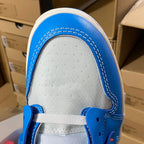 White toe box with blue collar trim and lace eyelets on a high-top sneaker.