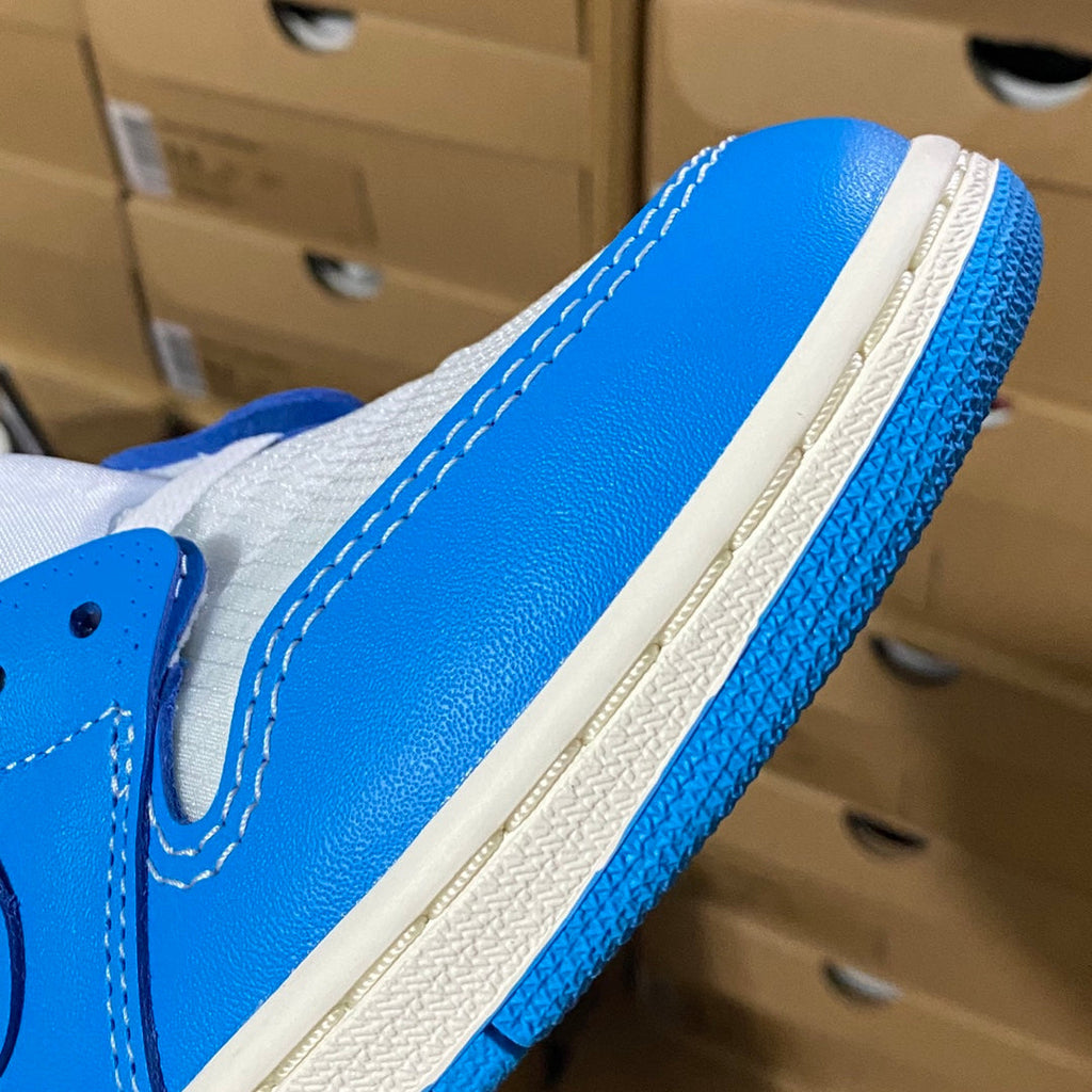 Blue high-top sneaker side panel with white overlays and visible stitching.