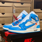 Blue and white high-top sneakers with orange accents and 'AIR' branding on the side.