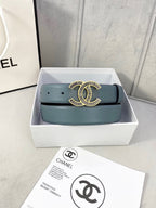 Chanel leather belt, muted blue, with gold-toned CC buckle and pin holes