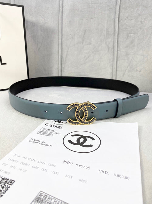 Chanel leather belt in muted blue with gold-toned CC logo buckle