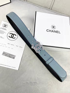 Chanel belt with CC buckle, muted blue strap and black edge leather