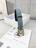 Chanel leather belt with muted blue front and black interior, CC buckle