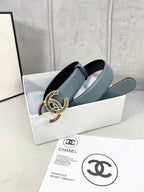 Chanel leather belt with CC buckle, muted blue strap and black underside