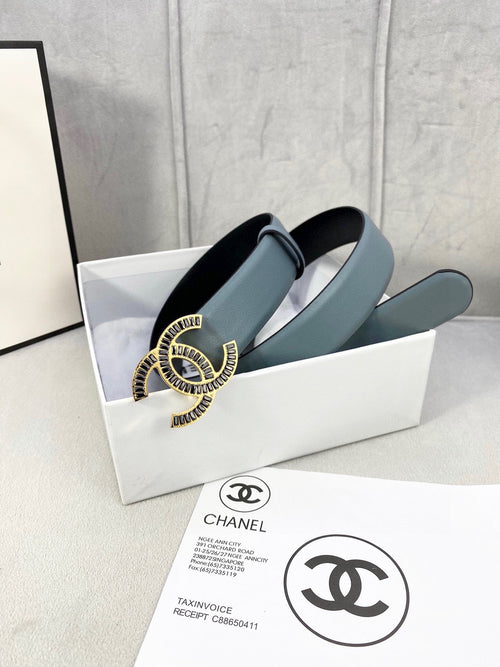 Chanel leather belt with CC buckle, muted blue strap and black underside