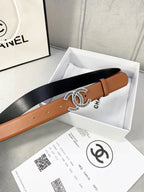 Chanel leather belt in tan with gold-tone CC buckle and black back strap, in box