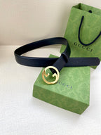 Navy leather belt with gold GG buckle, adjustable holes and belt loop