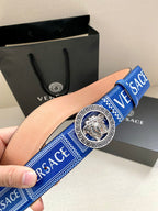 Versace belt, blue patterned strap with gold-tone round medallion buckle