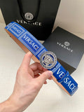 Versace belt with blue monogram webbing strap and round medallion buckle