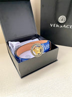 Versace belt in box: blue patterned strap with round gold medallion buckle