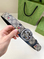 Gucci belt with navy GG monogram Mickey print; silver interlocking G buckle