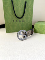 Gucci belt with navy GG monogram Mickey print; silver interlocking G buckle