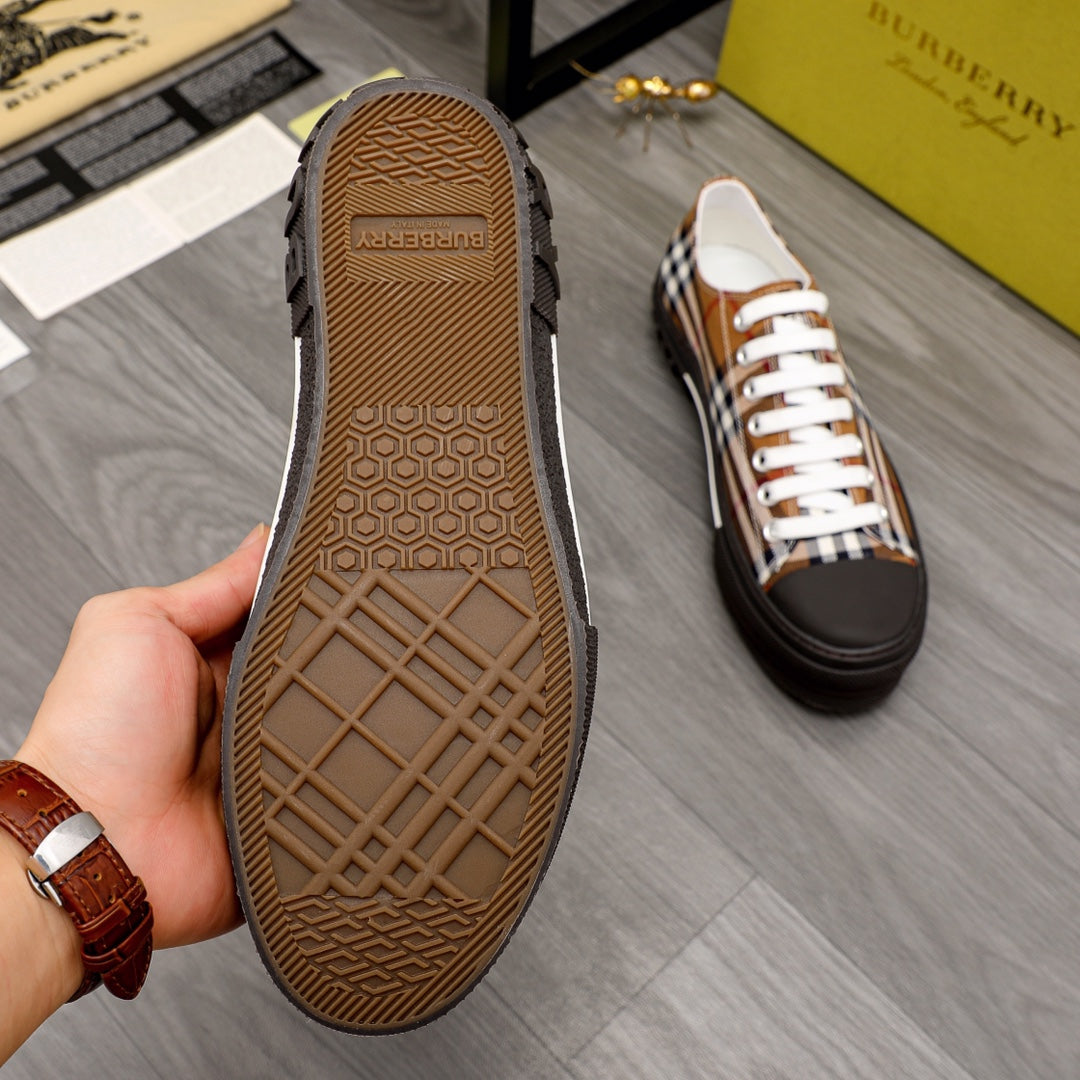 Burberry sneaker outsole view with textured tread and check-print upper