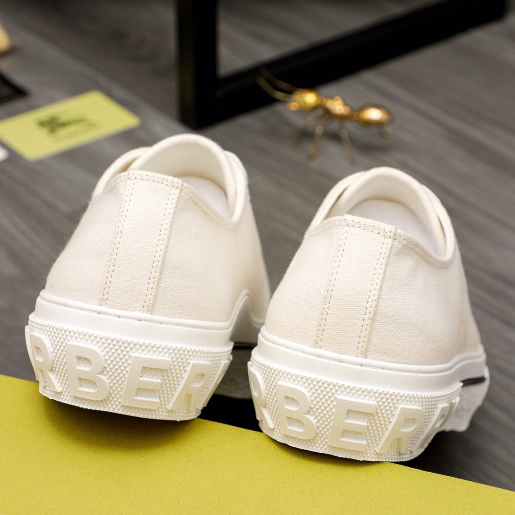 Burberry white sneakers with embossed 'BURBERRY' on the heel