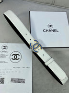 White leather belt with CHANEL logo buckle in gold and blue, flat view