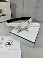 White leather belt with CHANEL logo buckle and ring blue enamel detail