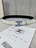 White leather belt with CHANEL logo buckle in gold and blue enamel