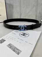 Black leather belt with blue embellished CC-style buckle