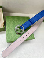 Gucci belt blue leather with silver interlocking GG buckle and punched adjustment holes.