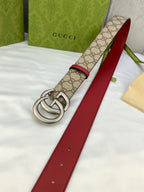 Gucci belt with red leather strap, GG monogram canvas center, silver double-G buckle