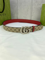 Gucci belt with GG monogram canvas, red leather trim, silver double-G buckle