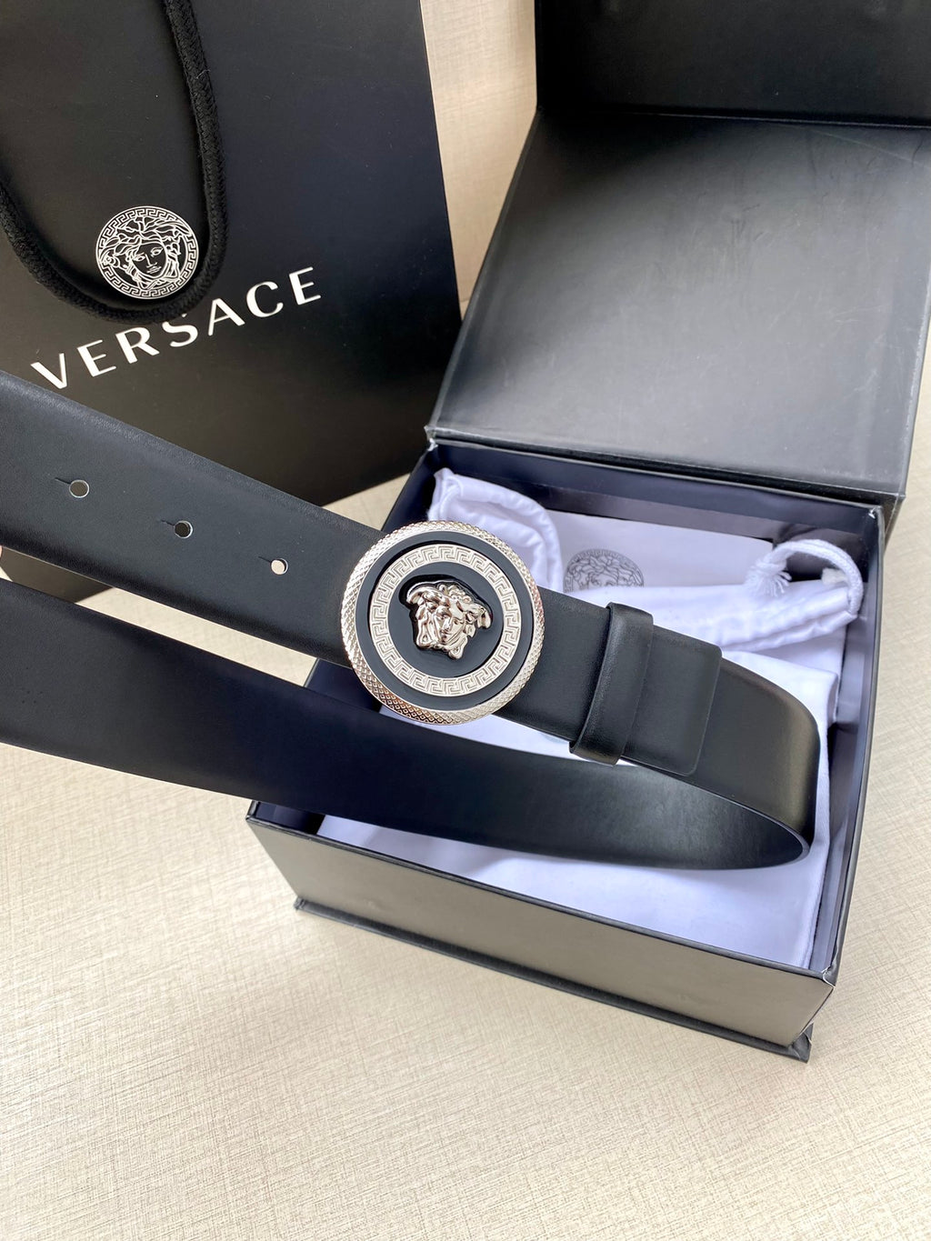 Versace dark blue leather belt in gift box with round Medusa buckle