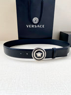Versace dark blue leather belt with round Medusa buckle and silver bezel