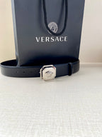 Versace leather belt, dark blue with silver-toned logo buckle and punched holes