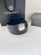 Versace leather belt, dark blue with silver-toned octagon buckle