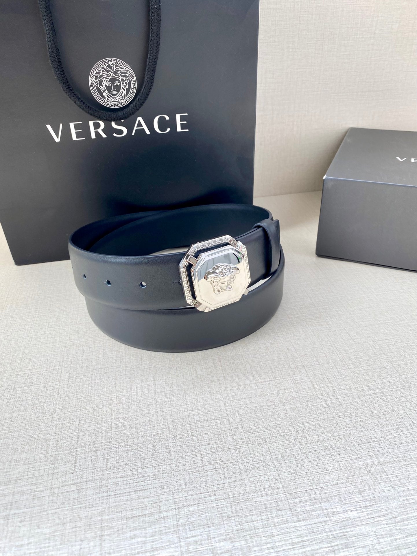 Versace leather belt, dark blue with silver-toned octagon buckle