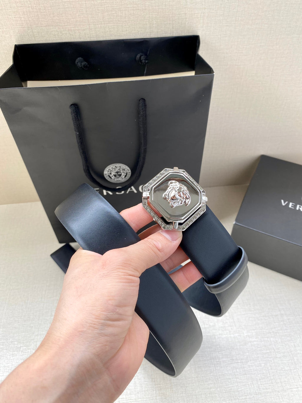 Versace leather belt, dark blue with silver-toned logo buckle