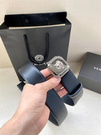 Versace leather belt, dark blue with silver-toned logo buckle