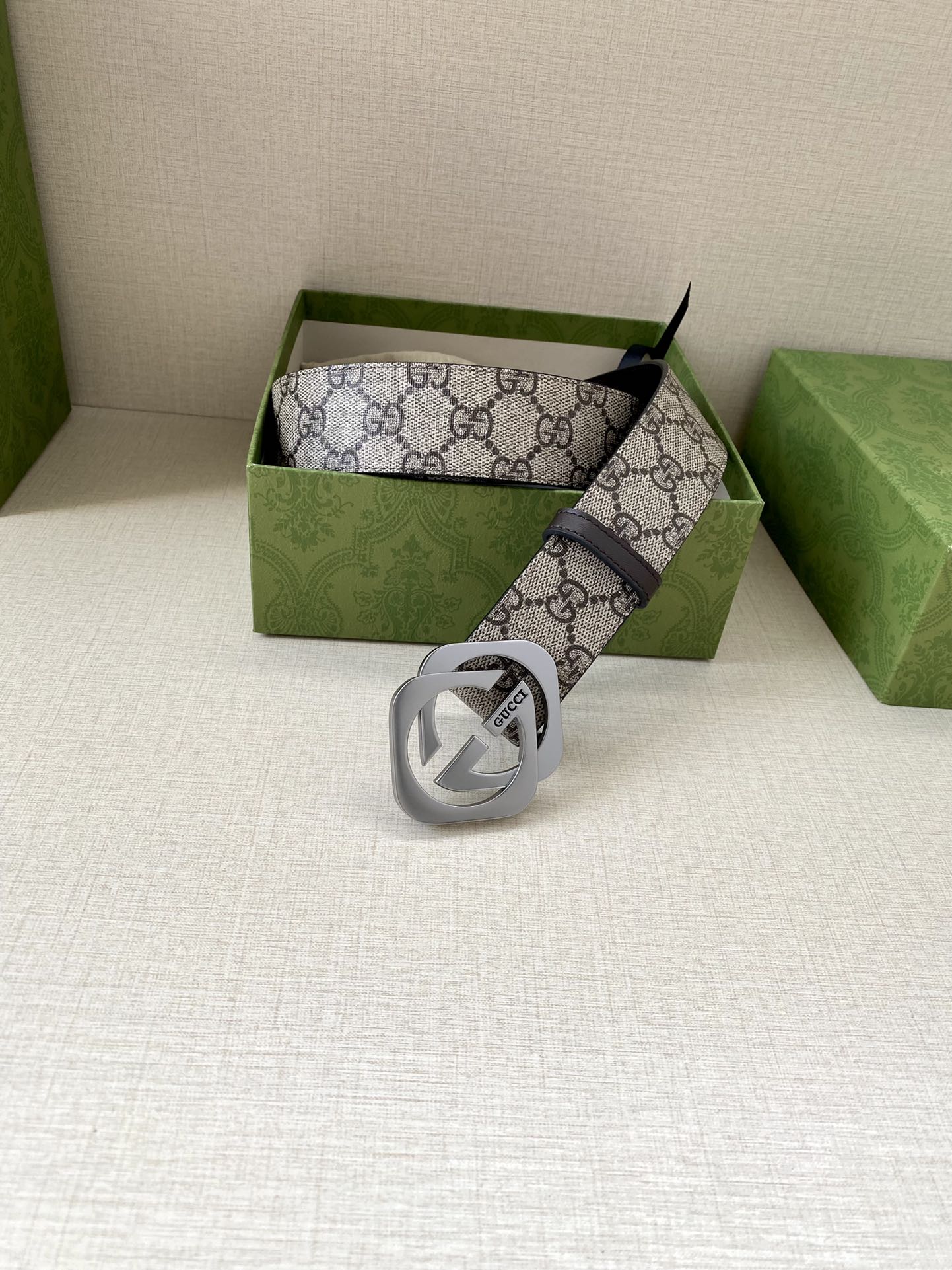 Gucci belt in box with GG canvas strap and silver interlocking G buckle