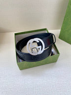 Gucci belt in dark navy with silver interlocking G buckle, inside gift box