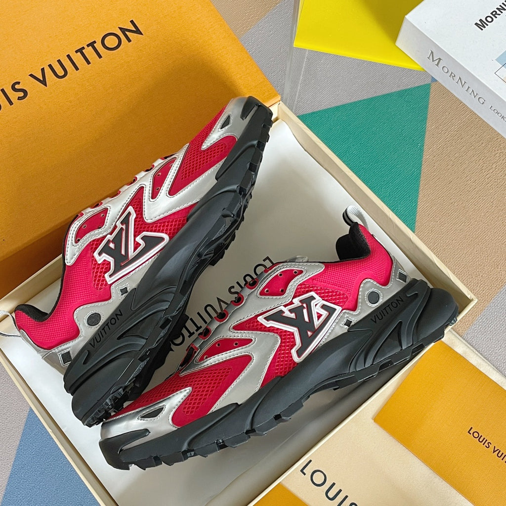 Louis Vuitton unisex sneakers showing side and heel, pink uppers with black sole