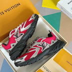 Louis Vuitton unisex sneakers showing side and heel, pink uppers with black sole