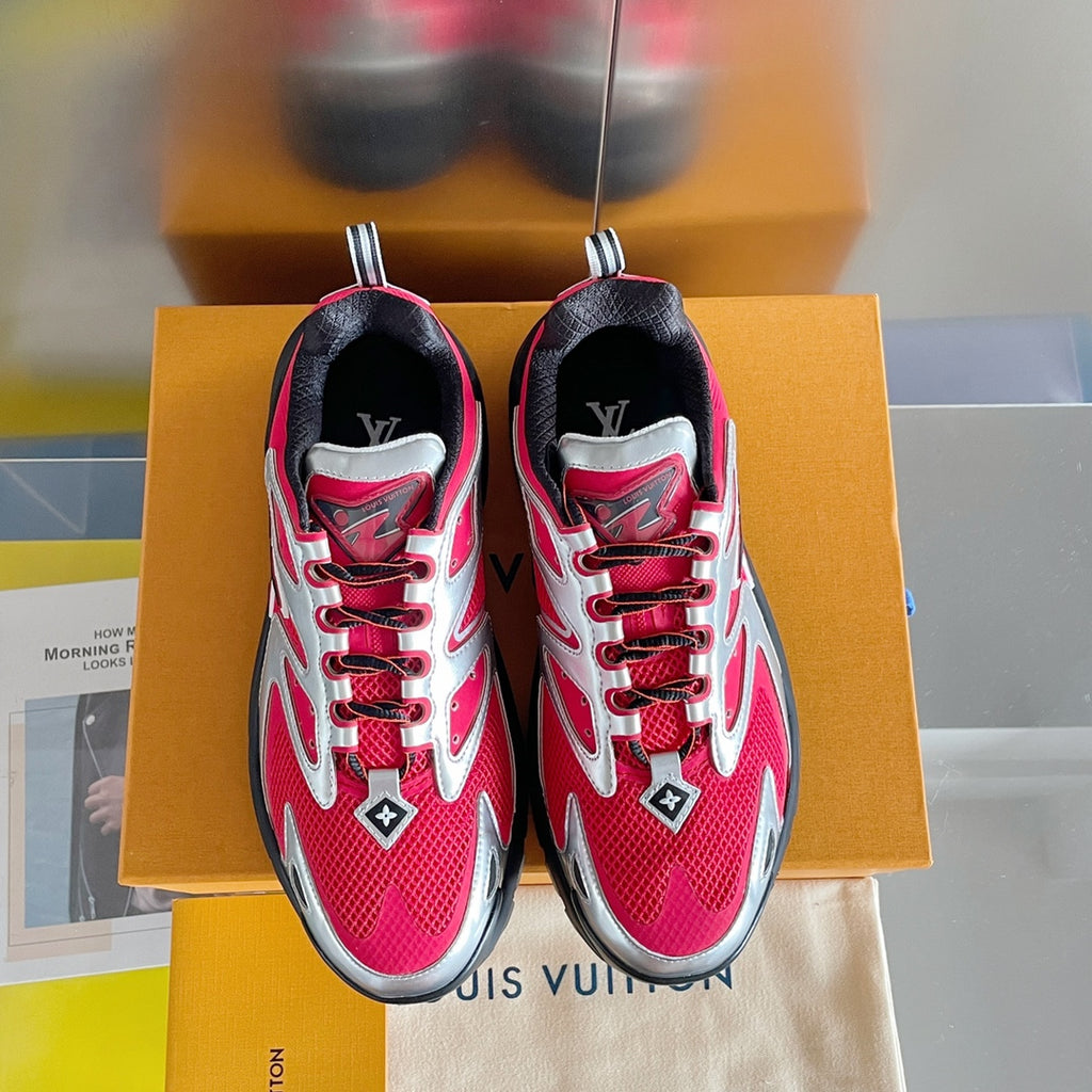 Two Louis Vuitton unisex sneakers front view, pink uppers with silver logos and lace-up
