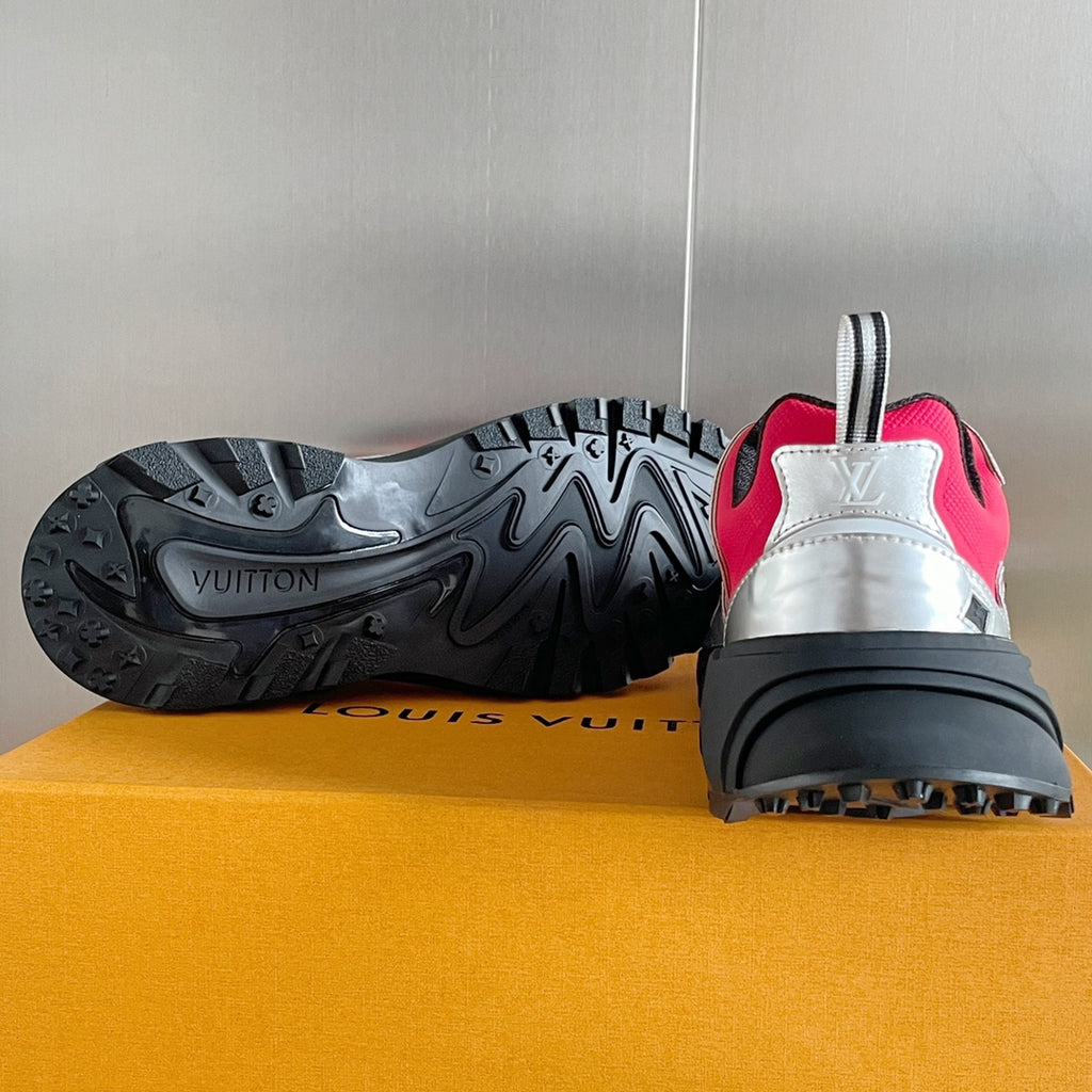 Louis Vuitton unisex sneakers from heel and outsole view, pink with black tread sole