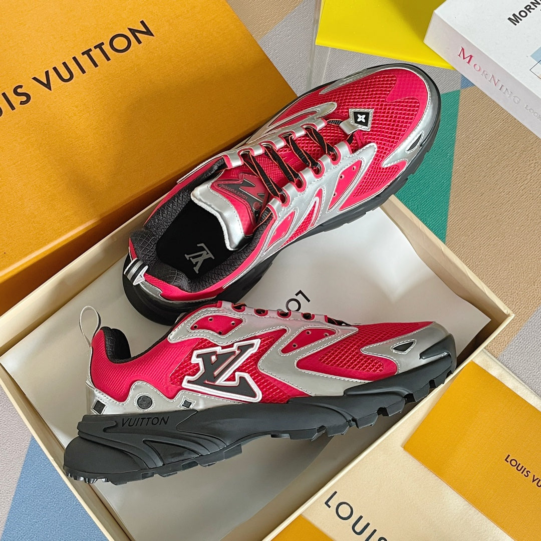 Louis Vuitton unisex sneakers, pink mesh look with silver overlays and black outsole