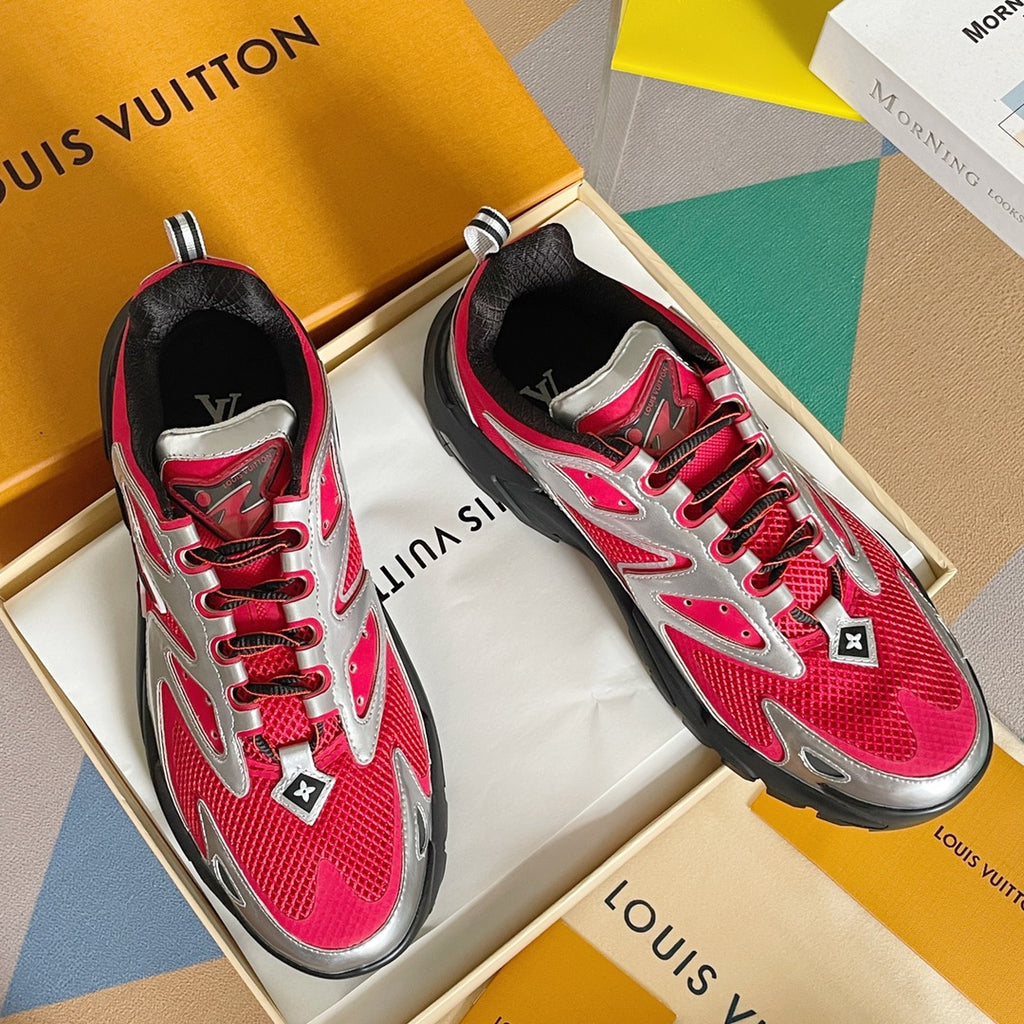 Pair of Louis Vuitton unisex sneakers, pink uppers with silver accents and black lugs