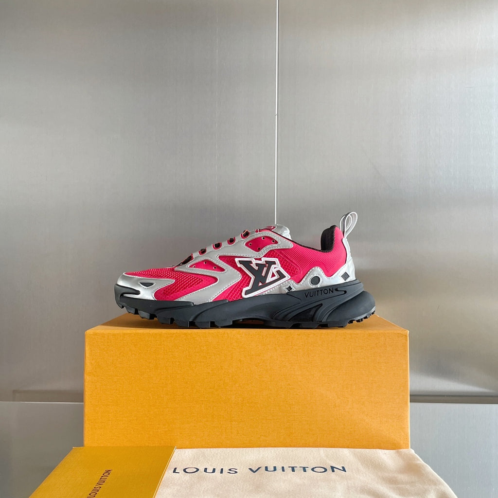 Single Louis Vuitton unisex sneaker on box, pink upper with silver side panels