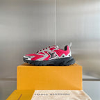 Single Louis Vuitton unisex sneaker on box, pink upper with silver side panels