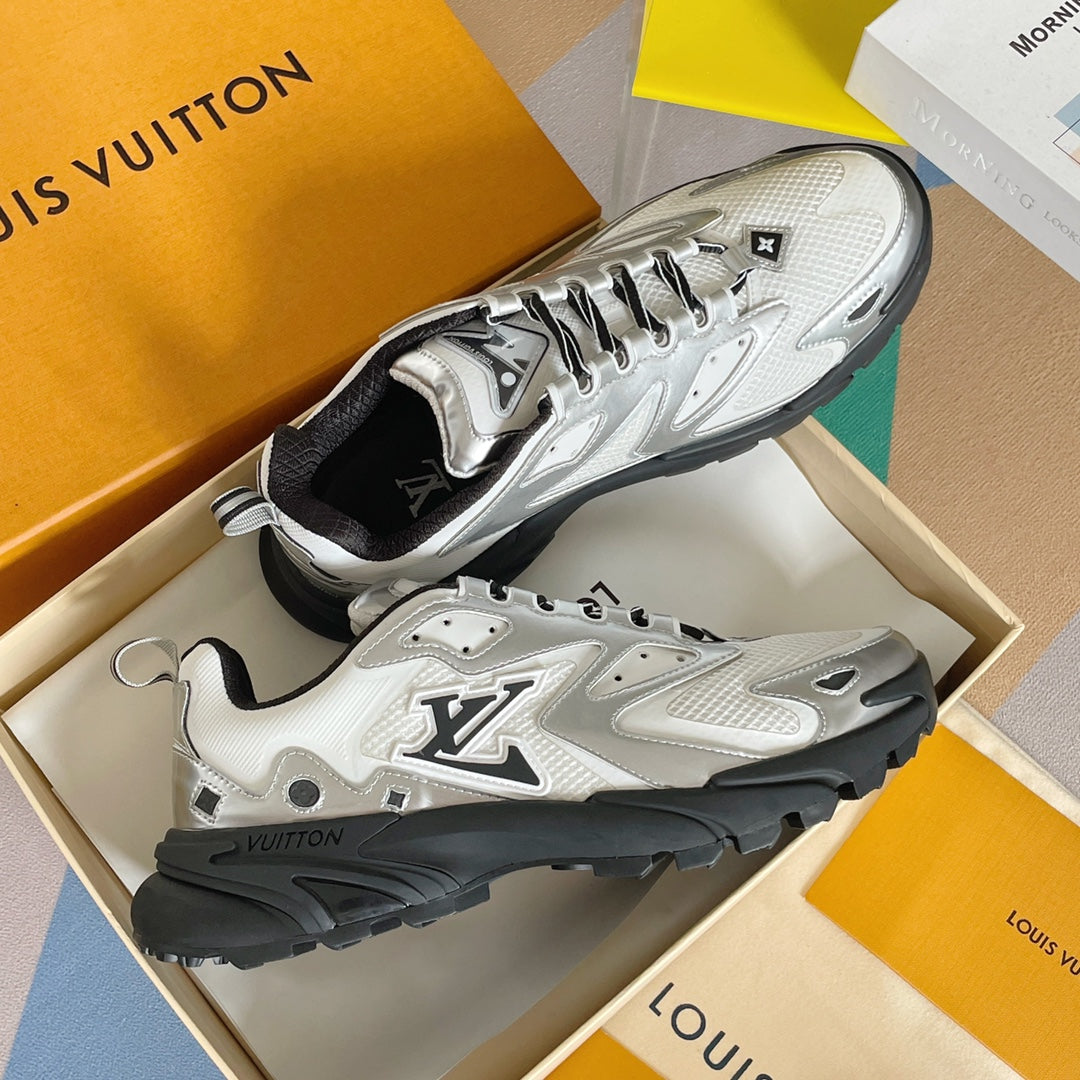 White Louis Vuitton sneakers in box, lace-up design with chunky black sole